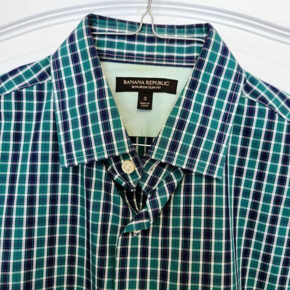 Banana Republic Green Navy Check LS Shirt Small Slim Fit - Picture 2 of 4